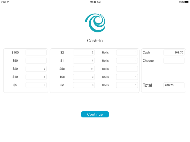 The populated Cash-in screen.