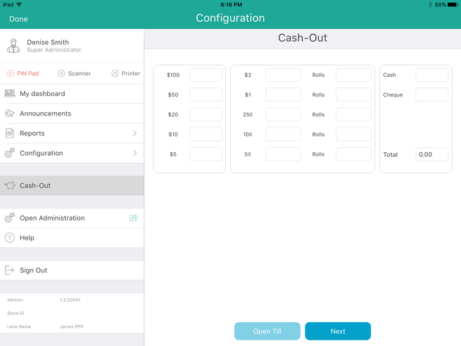 The blank Cash Out screen features fields to enter the quantity of cash and cheques in your till.