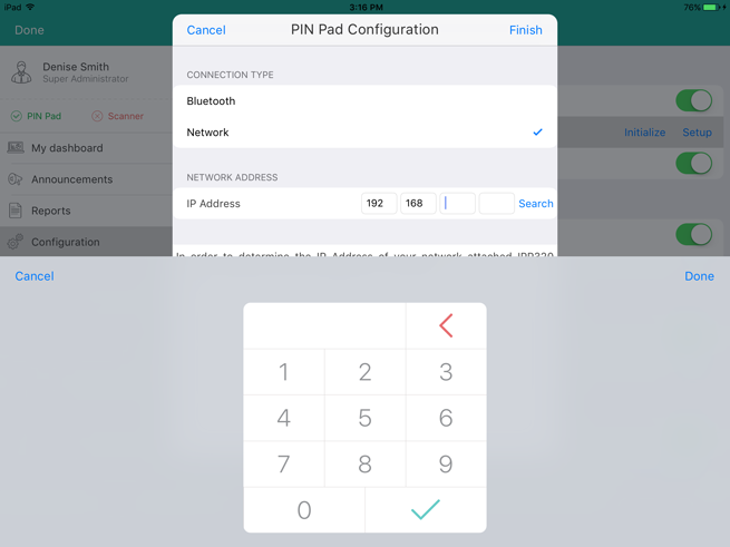 Using the on-screen numberpad to enter an IP address in the PIN Pad Configuration popup.