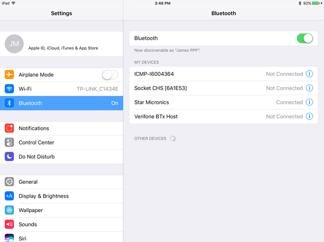 The iPad's Settings - Bluetooth screen displays items connected via Bluetooth.