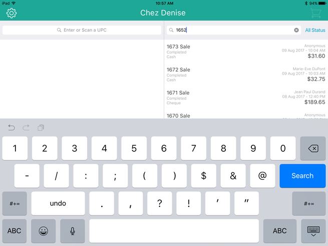 Using the on-screen keyboard to search for a transaction by its ID value.